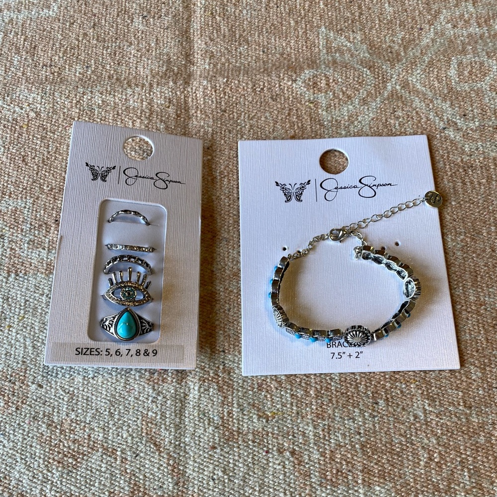 NWT Jessica Simpson Silver and Turquoise Bracelet Five Ring Collection